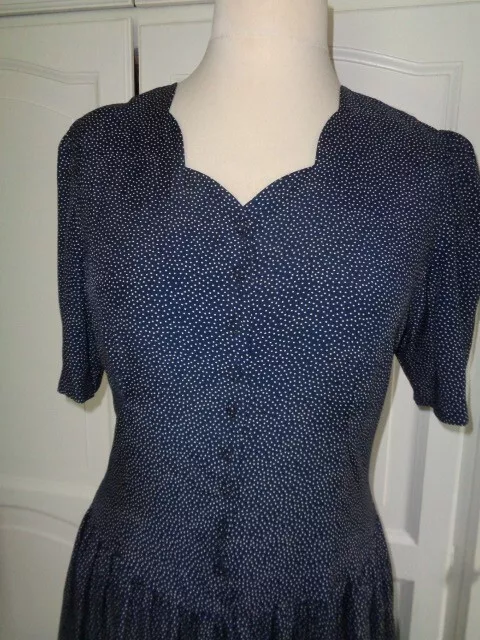 Vintage Laura Ashley  Dress  Navy /  White Spot Fits Modern Day  12/ 14