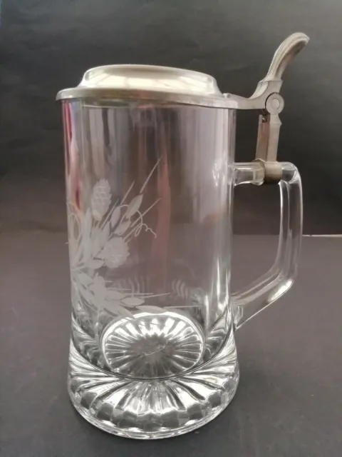 Bierkrug Bierseidel Glaskrug DOME mit Zinndeckel 95% Zinn + Motiv