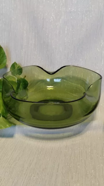 Vintage Anchor Hocking Pinched Green Glass Bowl Set And Candle holders 3 pc Lot 2
