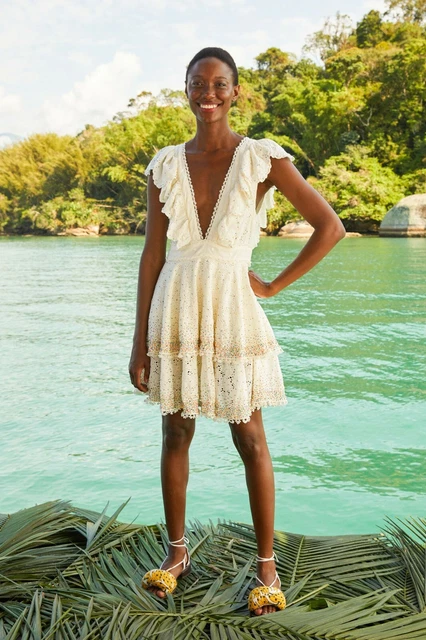 Farm Rio Anthropologie Eyelet Patch Beaded Mini Dress Flowy Lace M New 222422