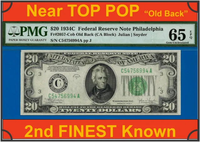 1934C $20 Federal Reserve Note PMG 65EPQ rare 10 known Philadelphia Fr 2057-Cob