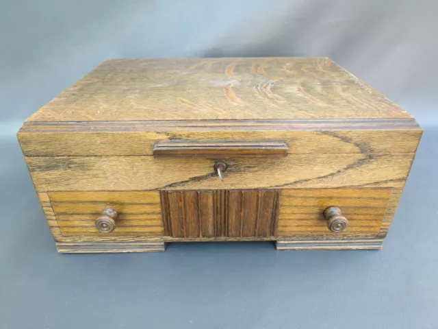 Vintage wooden oak cutlery box collectors cabinet with drawer