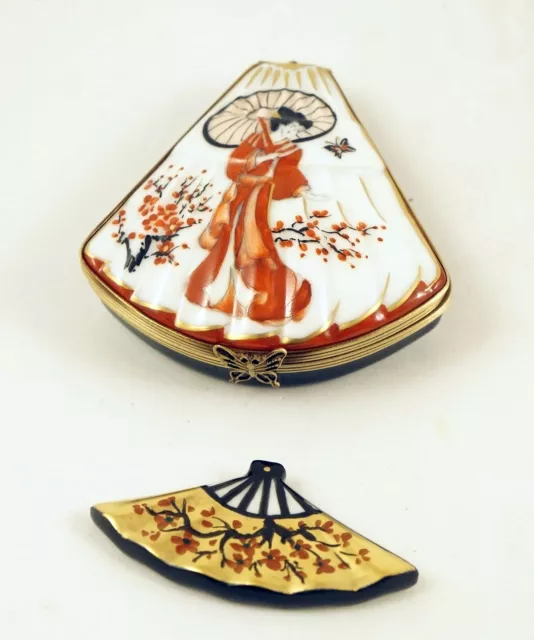 New French Limoges Trinket Box Asian Empress Fan w Cherry Blossoms & Remov Fan