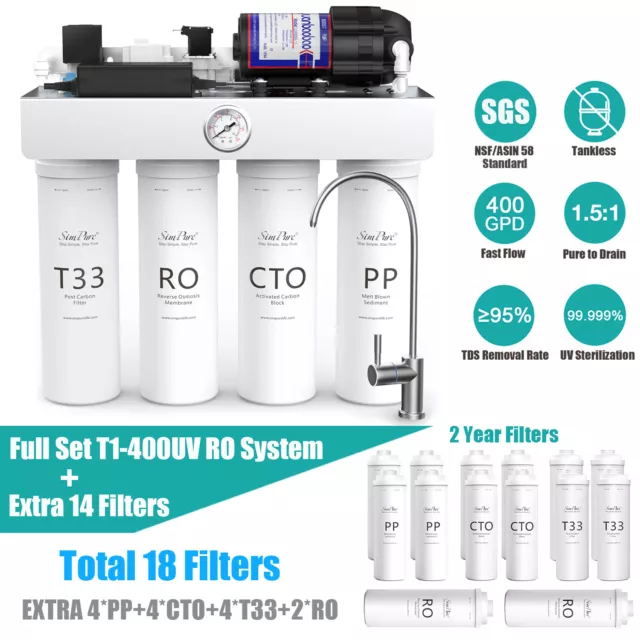 SimPure T1-400GPD UV Tankless Reverse Osmosis Water Filter System+2 Year Filters