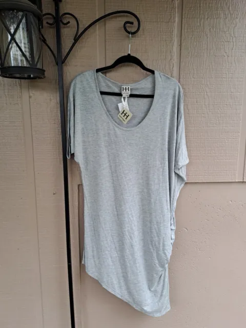 NEW Haute Hippie Grey Asymmetrical Cinched MODAL SOFT Tee Mini Dress Top LARGE L