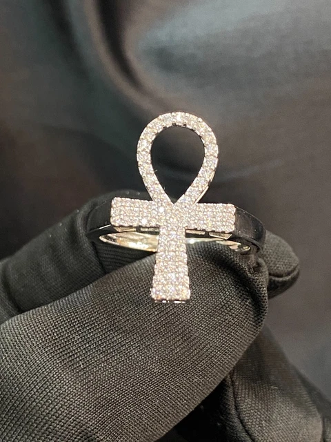 Pave 0.99 TCW Round Brilliant Cut Natural Diamonds Unisex Ankh Ring In 14ct Gold
