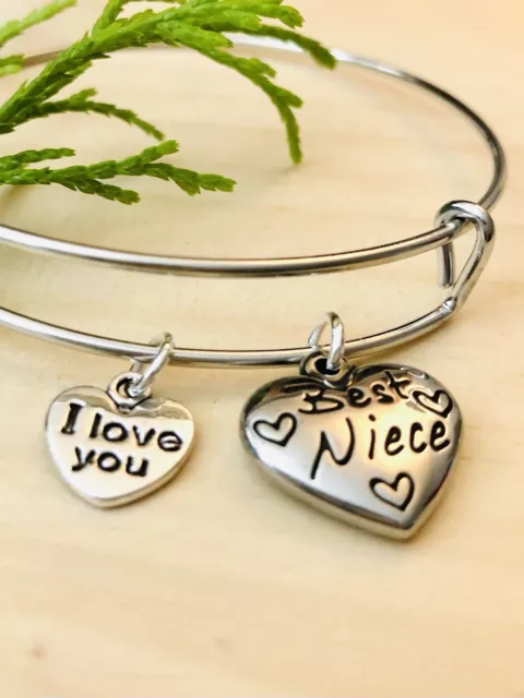 Best Niece~I Love You~Stainless Steel Charm Expandable Bangle Bracelet