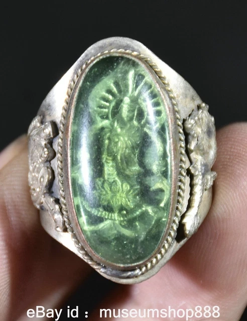 1.4" Rare Old Chinese Silver Gems Guanyin Dragon Phoenix Finger Jewelry Ring