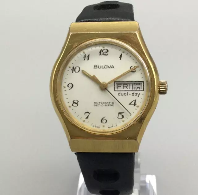 Bulova Automatic Set O Matic Watch Men 33mm Gold Tone Day Date 1977 Black Band