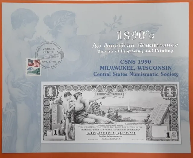BEP Souvenir Card From CSNS 1990/Face 1896 $1 SC  Vis Ctr Cancelled (B 136)