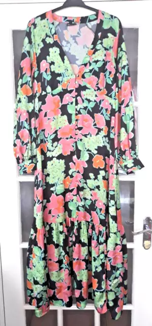 Asos Design Retro Green Pink Black Floral Maxi Dress Long Sleeved Ladies Size 10