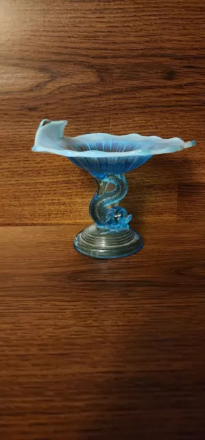 ANTIQUE NORTHWOOD Blue Opalescent Glass Dolphin Fish Compote Candy Dish