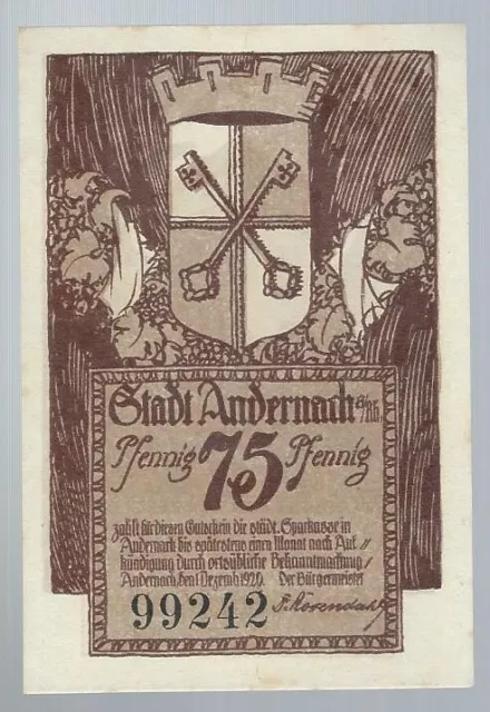 Notgeld - Stadt Andernach - 75 Pfennig - 1920