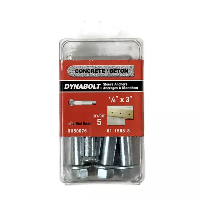 RED HEAD RH50076 Dynabolt 1/2-inch x 3-inch Concrete Sleeve Anchors 5-Piece
