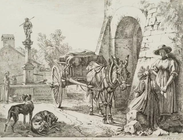 J. KLEIN (1792-1875), Am Läufer Brunnen in Bern,  1824, Radierung Tiere Romantik