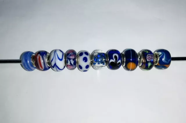 10 Mixed BLUE Hand Made GLASS European Large Hole BEADS Jewellery Making RBC