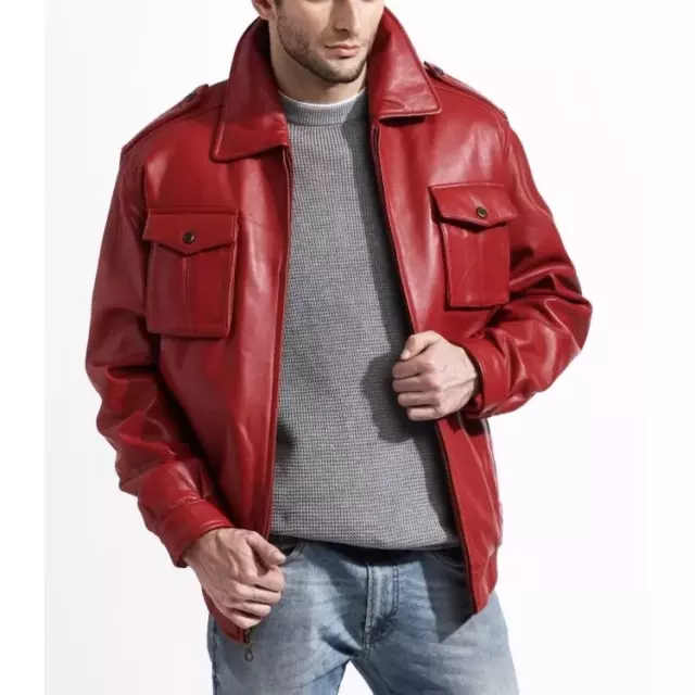 Red Leather Jacket Men Moto Pure Lambskin Biker Size S M L XL XXL Custom Made