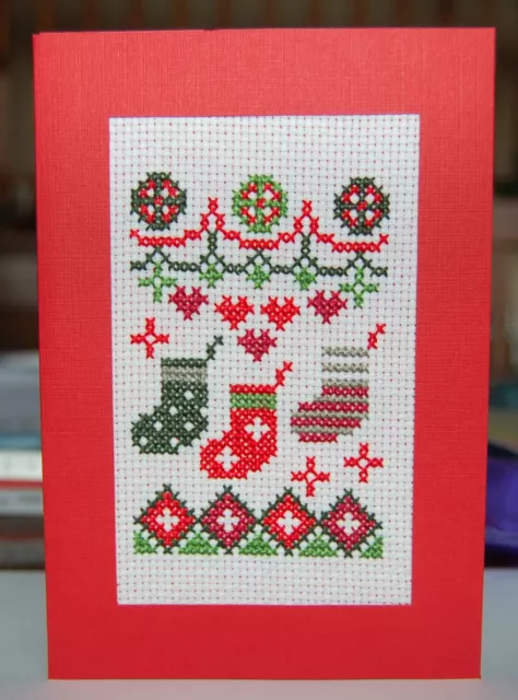 Completed Cross Stitch Christmas Card Christmas Stockings Red