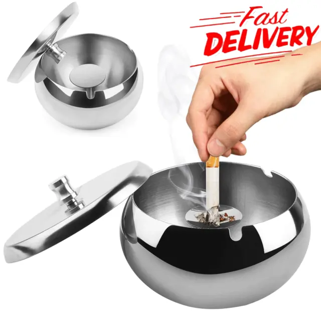 Stainless Steel Ashtray with Lid Outdoor Portable Windproof Tabletop Camping UK