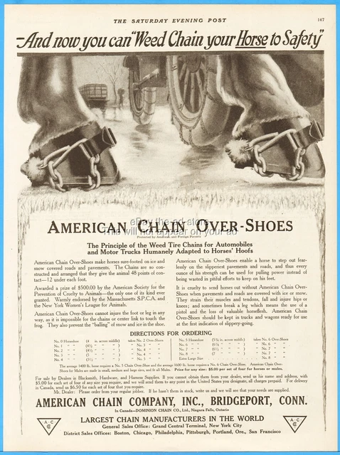 1919 American Chain Bridgeport CT Weed Horse Hoof Over-Shoes Antique Print Ad