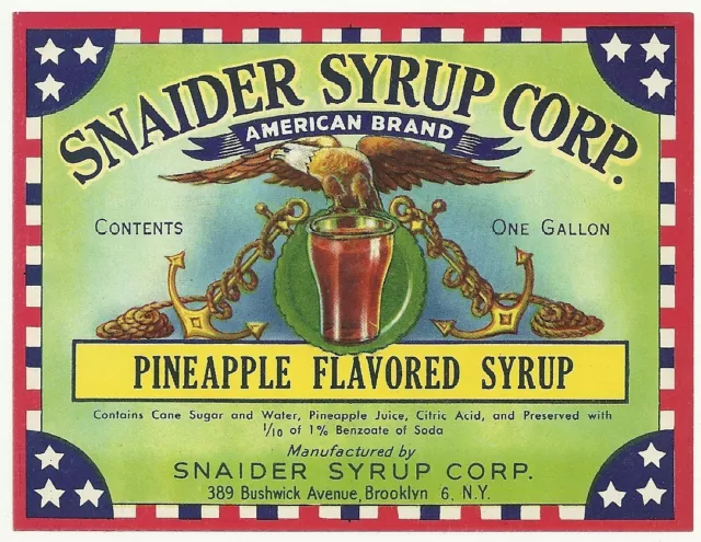 Vintage Pineapple Flavored Snaider's Syrup Soda Jug Label Brooklyn  N.Y.  Eagle