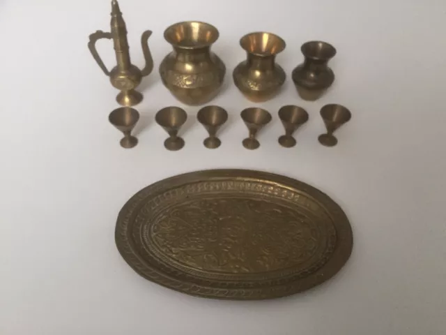 Vintage Indian Middle Eastern 11 Piece Brass Cups Pots Jug Plate Miniatures