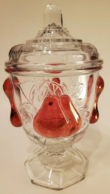 Imperial Glass Baltimore Pear Clear with Ruby Red Flash Candy Dish w Lid