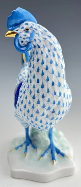 🦋 BRAND NEW HEREND Large 7.25” HEN Bird Blue Fishnet Rooster Figurine 3