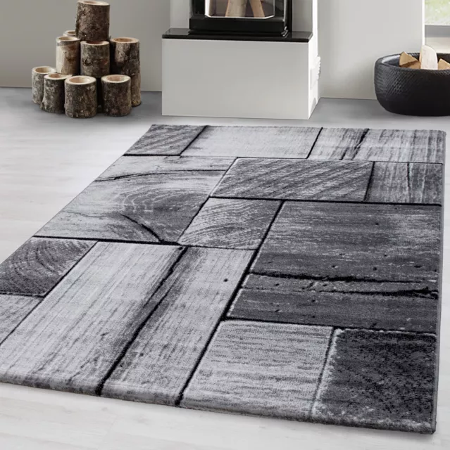 Modern Wohnzimmer Teppich Kurzflor Holz optik Design Schwarz-Grau, Pflegeleicht