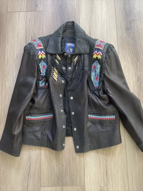 Tribe America Black Lamb Skin Beaded Warrior Jacket Fringe Bone Bead Work 44 USA