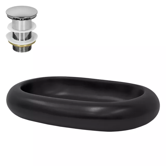 Lavabo negro mate cerámico 650x450x110 mm ovalado con juego de desagüe plateado