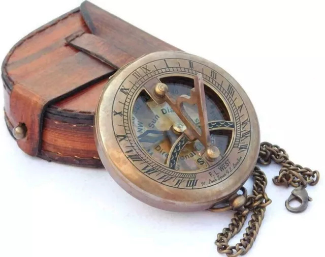 Vintage Nautical Maritime Pocket Sundial Brass Compass With Antique Leather Case