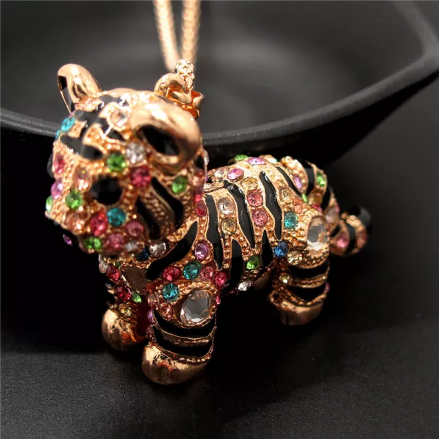 Betsey Johnson Rhinestone Mixcolor Lovely Tiger Crystal Pendant Chain Necklace