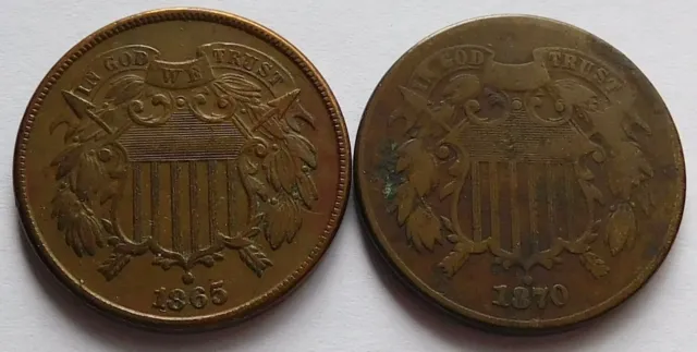 1865 (XF) + 1870 Two Cents pieces, Two 2C coins