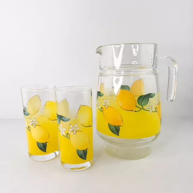 Vintage Luminarc French Lemon Lemonade Jug Water Pitcher & 2 Highball Glasses