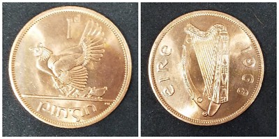 1968 Ireland 1 Penny Coin Irish one pence Hen Chicken souvenir chicks BU