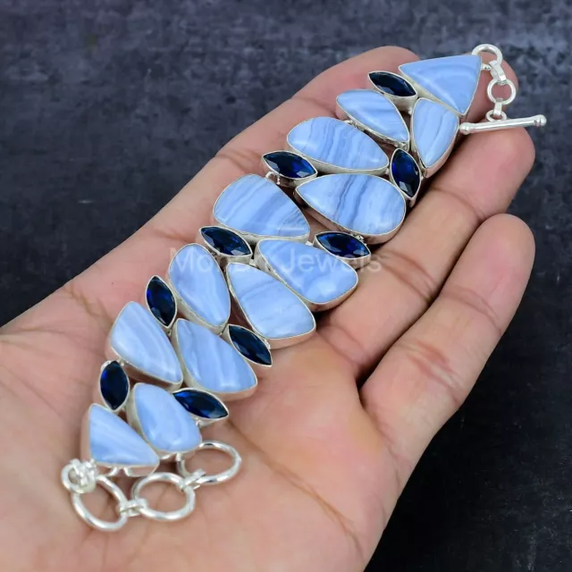 Bleu Dentelle Agate Saphir Argent Handmade Bijoux Bracelet Réglable 17.8-20.3cm