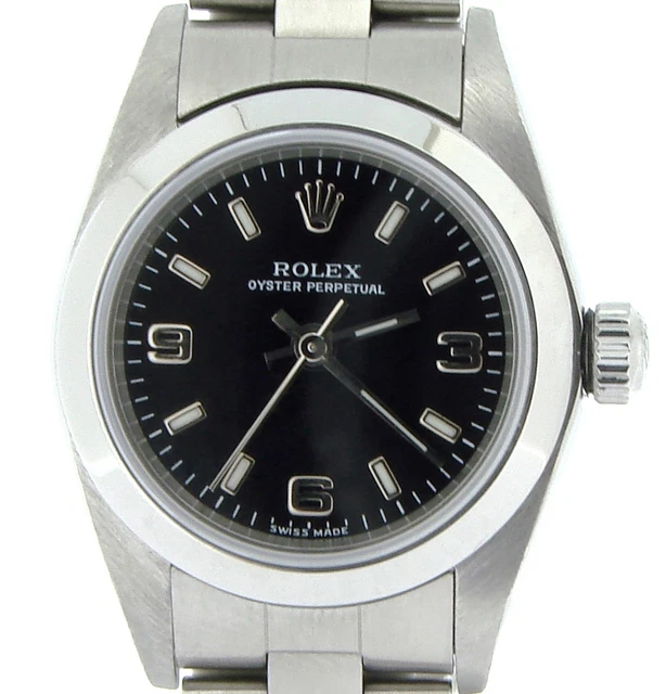 Donna Rolex Acciaio Inox Ostrica Perpetuo Orologio W/ Nero Arabo Quadrante 76080