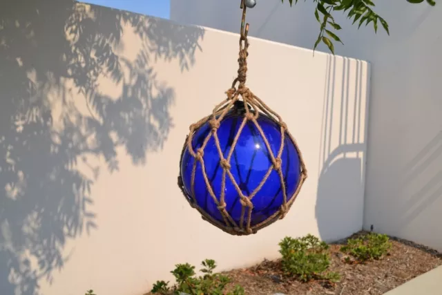 Reproduction Cobalt Blue Glass Float Ball With Fishing Net 12" F-954