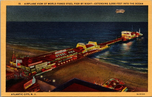 Postcard Airplane View of Steel Pier at Night Atlantic City New Jersey *C6520