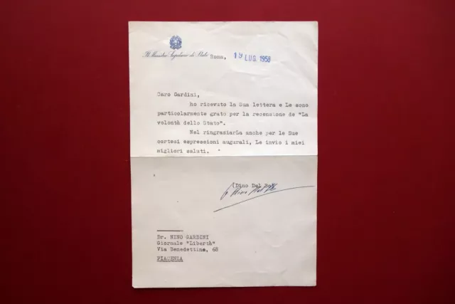 Autografo Dino del Bo Lettera Firmata Ministro Segretario di Stato Roma 1958