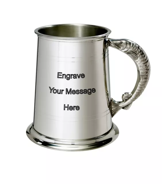 NEW Personalised 1 Pint Fish Handle Polished Pewter Tankard Any Message Engraved