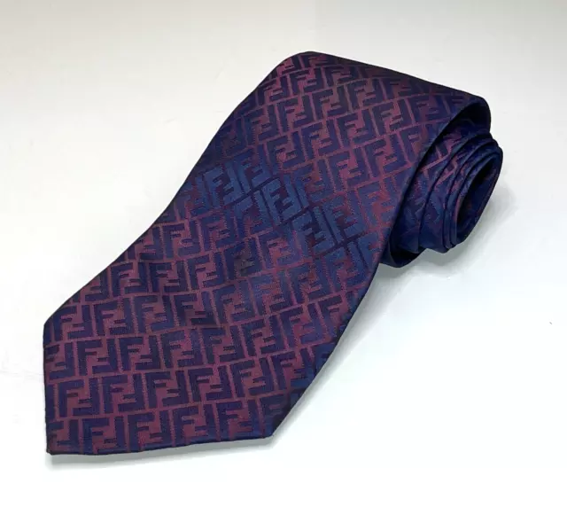 FENDI Tie FF Logo Silk Necktie Blue Red Signature Print Hand Made in Italy