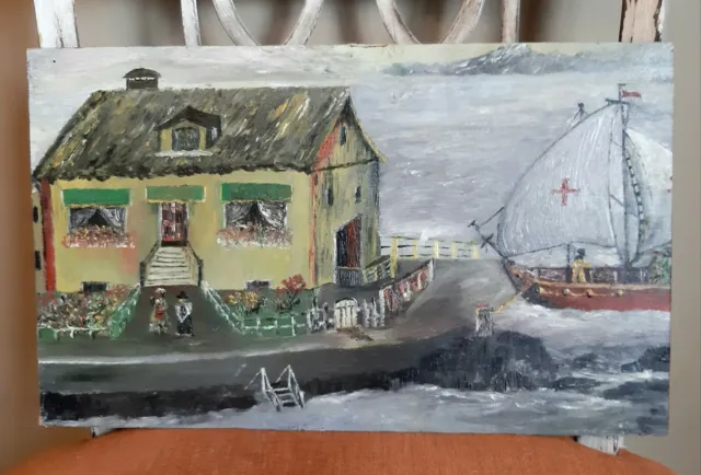 Vintage 1960s Folk Art Oil Painting On Wood Nautical Theme Boat Harbor England