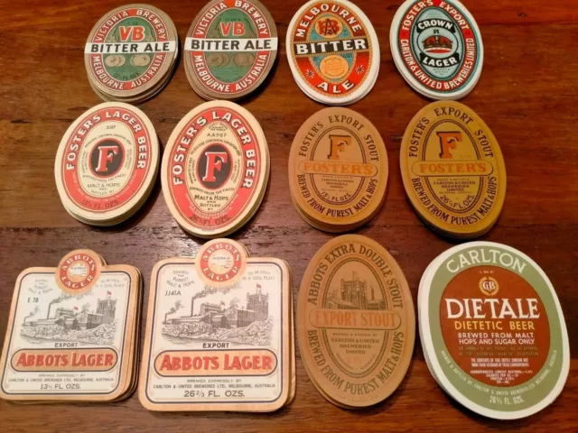 Australia vintage CUB Fosters VB Abbots Carlton beer bottle labels lot of 12