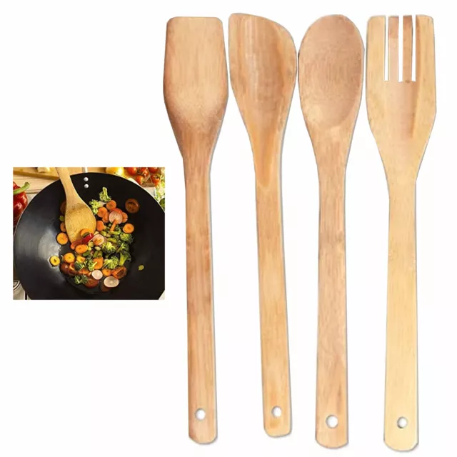 4PC Bambú Cocina Utensilio Cuchara Espátula Madera Juego Mezcla Antiadherente