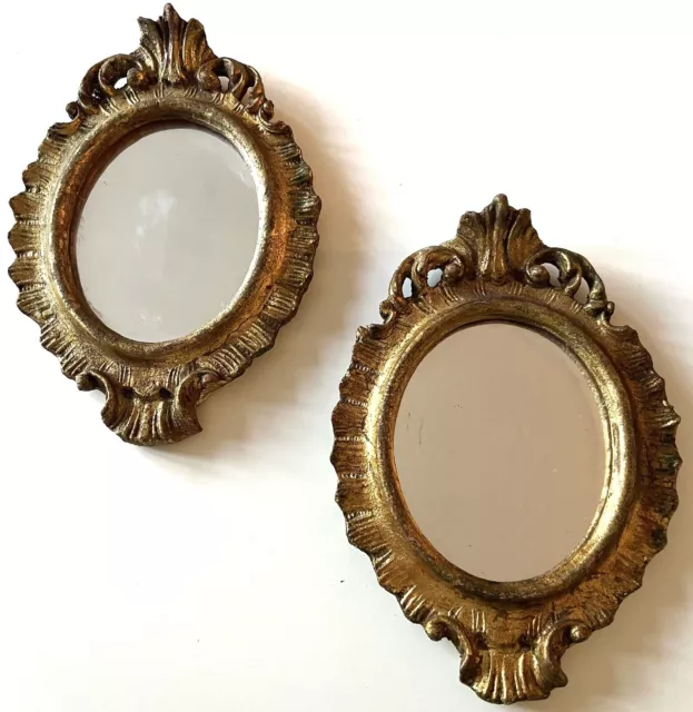 Pair Vintage Florentine Style Gilded Gilt Wood Wall Hanging Mirror Made In ITALY
