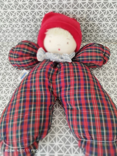 Doudou poupée vintage  lutin rouge carreaux 35 cm Prénatal