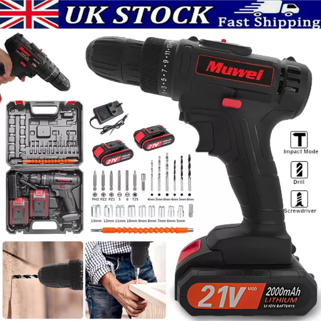 21V Cordless Drill Driver Set Li-Ion Battery Electric Screwdriver Combi 2-Speed