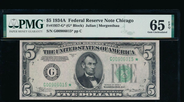 AC 1934A $5 Chicago *star* PMG 65 EPQ Fr 1957-G*